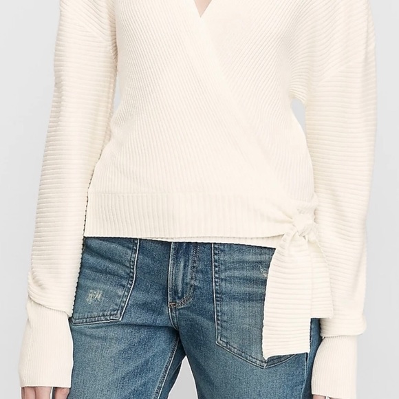 NEW ✨ Express Ribbed Wrap-Front Tie Top (Ivory) - Picture 3 of 7